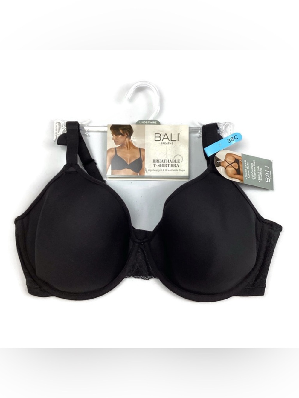 Bali Breathe Black Breathable T-Shirt Bra DF7592 38C NEW! Retail $48